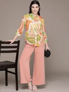 Label Ritu Kumar Floral Print Mandarin Collar Chiffon Shirt Style Top