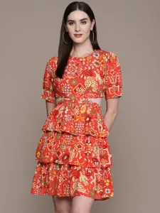 Label Ritu Kumar Floral Print Puff Sleeve Crepe Fit & Flare Mini Dress
