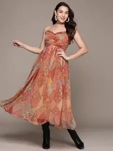Label Ritu Kumar Ethnic Motifs Print Halter Neck Chiffon Fit & Flare Midi Dress