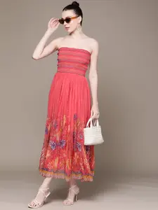 Label Ritu Kumar Floral Print Chiffon Smocked Fit & Flare Midi Tube Dress