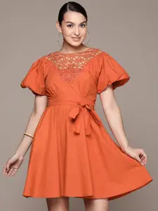 Label Ritu Kumar Floral Embroidered Flared Sleeve Satin A-Line Mini Dress