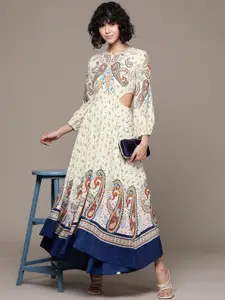 Label Ritu Kumar Ethnic Motifs Print Puff Sleeve Crepe A-Line Maxi Dress
