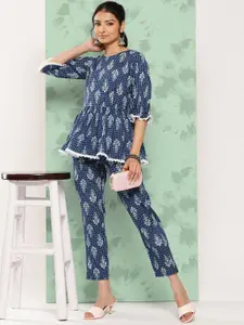 Janasya Women Ethnic Motifs Printed Tiered Pure Cotton Top with Trousers