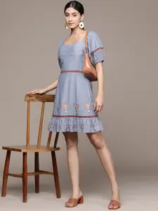 Label Ritu Kumar Floral Embroidered Sweetheart Neck Puff Sleeves Cotton Chambray Dress