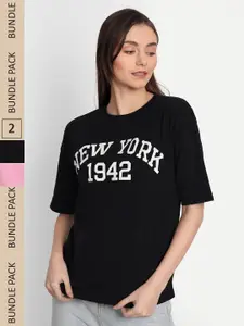 iki chic Women Pack Of 2 Typography Printed Cotton T-shirt