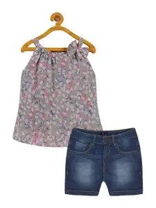 KiddoPanti Girls Floral Printed Halter Neck Top with Shorts