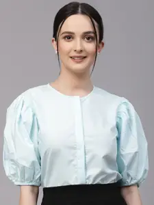 Style Quotient Smart Opaque Collarless Puff Sleeves Cotton Formal Shirt