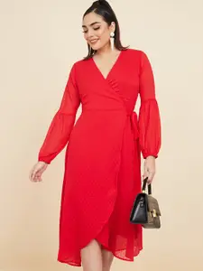 Styli Red V-Neck Puff Sleeve Midi Wrap Dress
