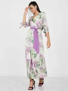 Styli White & Purple Floral Printed V-Neck Maxi Wrap Dress