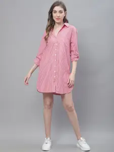 NoBarr Striped Shirt Collar Roll Up Sleeves Cotton Shirt Dress