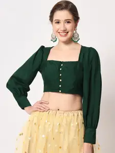 studio rasa Square Neck Puff Sleeves Sheen Fitted Crop Top
