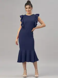 Selvia Navy Blue Flutter Sleeve Sheath Midi Dress