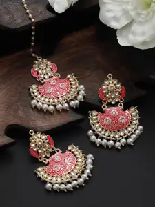 Jazz and Sizzle Gold-Plated Meenakari Kundan-Studded & Beaded Maangtikka with Earrings