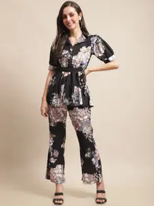 Claura Floral Printed Puff Sleeves Top With Trousers