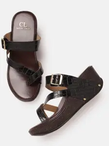 Carlton London Women Croc Textured One Toe Strappy Wedge Heels with Buckle Detail