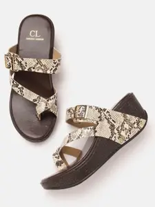 Carlton London Women Snakeskin Textured One Toe Strappy Wedge Heels with Buckle Detail