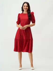 AASK Puff Sleeve Crepe Fit & Flare Dress