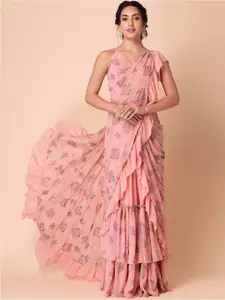 INDYA X VARUN BAHL Floral Printed Ruffled Ready To Wear Saree With Stitched Blouse