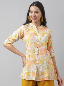 Divena Floral Print Mandarin Collar Roll-Up Sleeves A-line Shirt Style Top