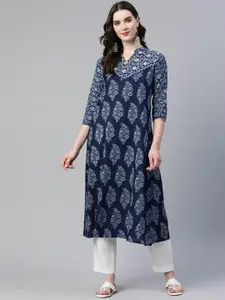 Vbuyz Embroidered Kantha Work Indigo Pure Cotton Kurta
