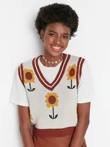 Trendyol V-Neck Sleeveless Floral Self Design Acrylic Sweater