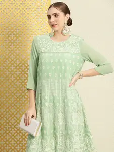 House of Pataudi Floral Embroidered Embellished Sequinned A-Line Flared Jashn Kurta