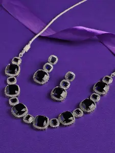 justpeachy Rhodium Plated Stone Studded Necklace with Earrings