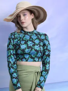 Tokyo Talkies Floral Print High Neck Crop Top