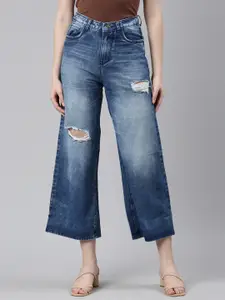 ZHEIA Women Wide Leg High-Rise Mildly Distressed Heavy Fade Stretchable Jeans