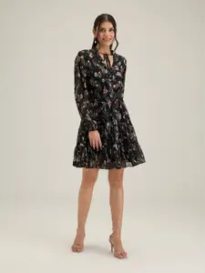 20Dresses Black Floral Printed Tie-Up Neck Puff Sleeves Fit & Flare Dress