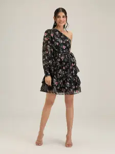 20Dresses Black Floral Print One-Shoulder Layered Fit & Flare Dress
