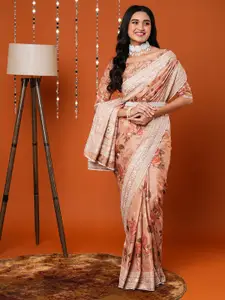 Anouk Cream-Coloured Floral Printed Embroidered Saree
