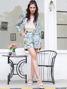 Sera Blue & Yellow Floral Printed Crop Open Front Shrug & Short