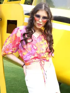 Sera Pink & Yellow Floral Print Puff Sleeve Chiffon Regular Crop Top