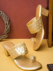 Anouk Gold-Toned One Toe Embellished Ethnic Block Heels