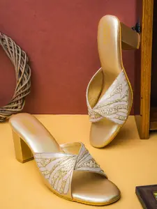 Anouk Gold-Toned Open Toe Embellished Block Heels