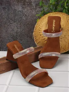 DressBerry Tan Brown Embellished Block Heels