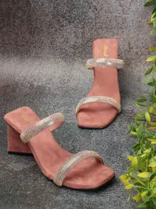 DressBerry Peach-Coloured Embellished Block Heels