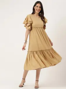 KALINI Flared Sleeves Tiered Gathered Details Midi A-Line Dress