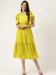 KALINI Solid Round Neck Flared Sleeves Layered Fit & Flare Midi Dress