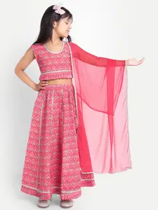 Ka-mee Girls Printed Crop Top With Skirt And Dupatta