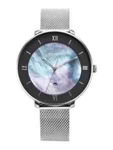 Titan Women Silver-Toned Brass Mother of Pearl Dial & Stainless Steel Bracelet Style Straps Analogue Watch