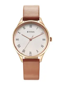 Titan Women Brass Dial & Leather Straps Analogue Watch 2649WL04