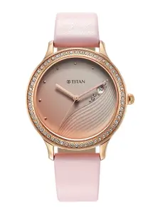 Titan Women Brass Embellished Dial & Leather Straps Analogue Watch 2634WL02
