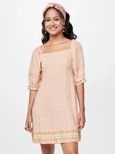 Global Desi Checked Printed Puff Sleeves A-Line Dress