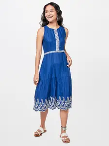 Global Desi Embroidered Round Neck A-Line Midi Dress