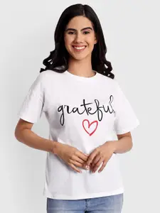 iki chic Women White Printed Drop-Shoulder Sleeves T-shirt