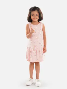 Zalio Girls Pink Floral Print Drop-Waist Pure Cotton Dress