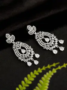 ATIBELLE Silver-Plated Contemporary AD Studded Drop Earrings