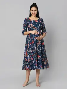 Aanyor Floral Printed Gathered Cotton Maternity Fit & Flare Midi Dress